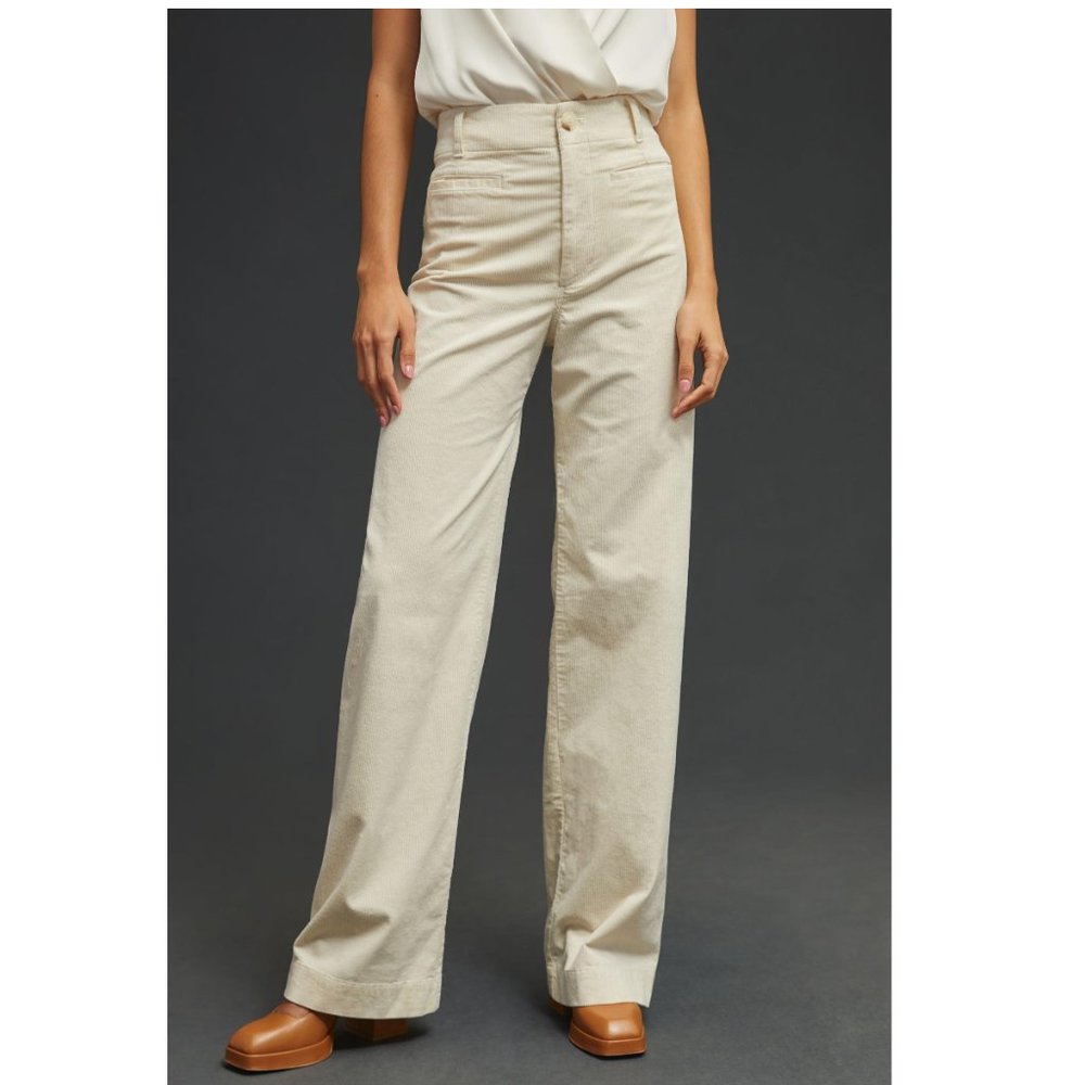 Anthropologie Maeve The Colette Wide-Leg Corduroy Pants Neutral White Cream 16W